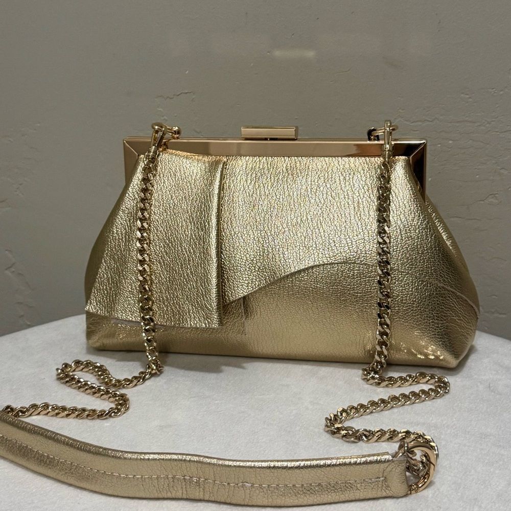 Gold Leather Handmade Asymmetrical Ruffles Push Lock & Metal Frame Clutch Bag